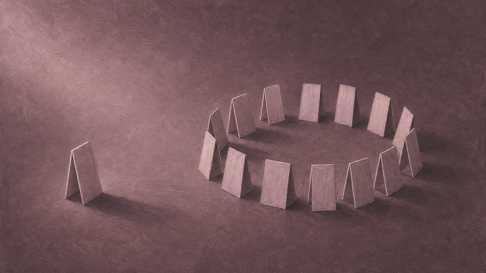 A tight circle of small paper forms with a single paper form left standing outside the circle