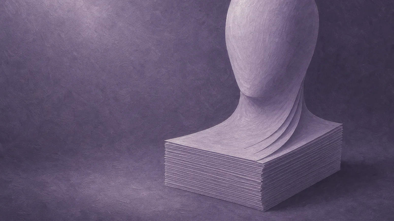 A blank paper mask rising from a stack of identical paper sheets on a dusty-violet surface