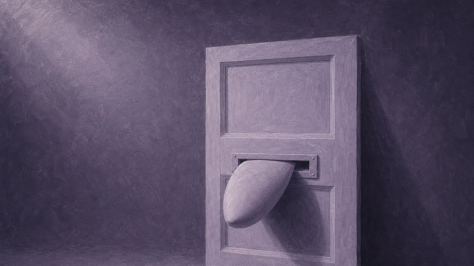 A single blank paper mask sliding through the narrow slot of a closed door on a dusty-violet surface