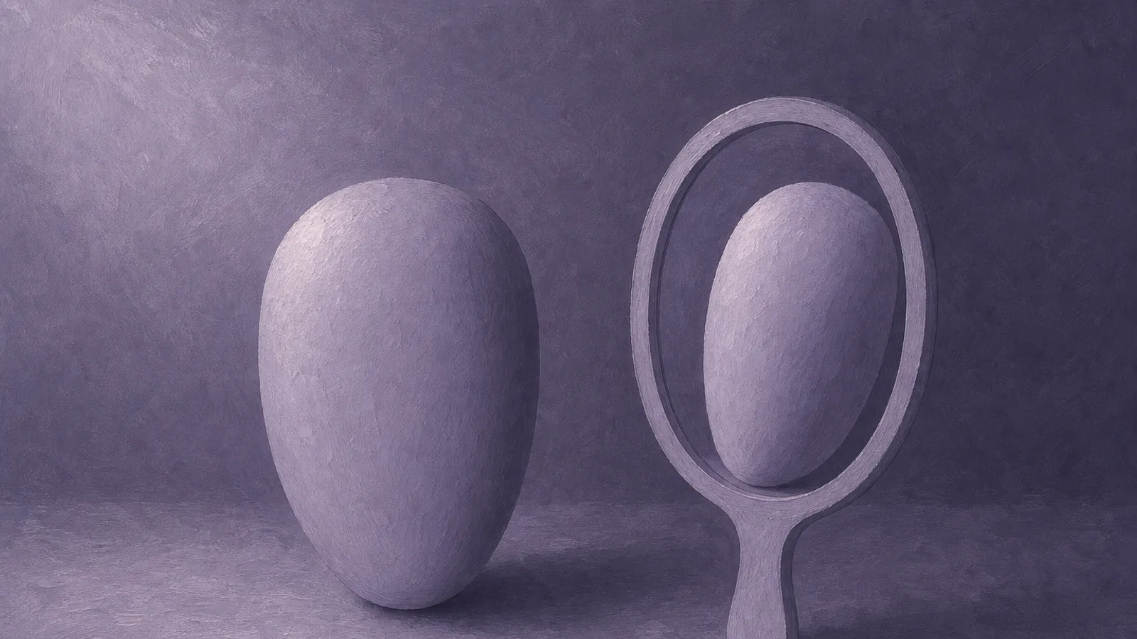 A blank paper mask beside its mirror reflection that does not quite match, on a dusty-violet surface