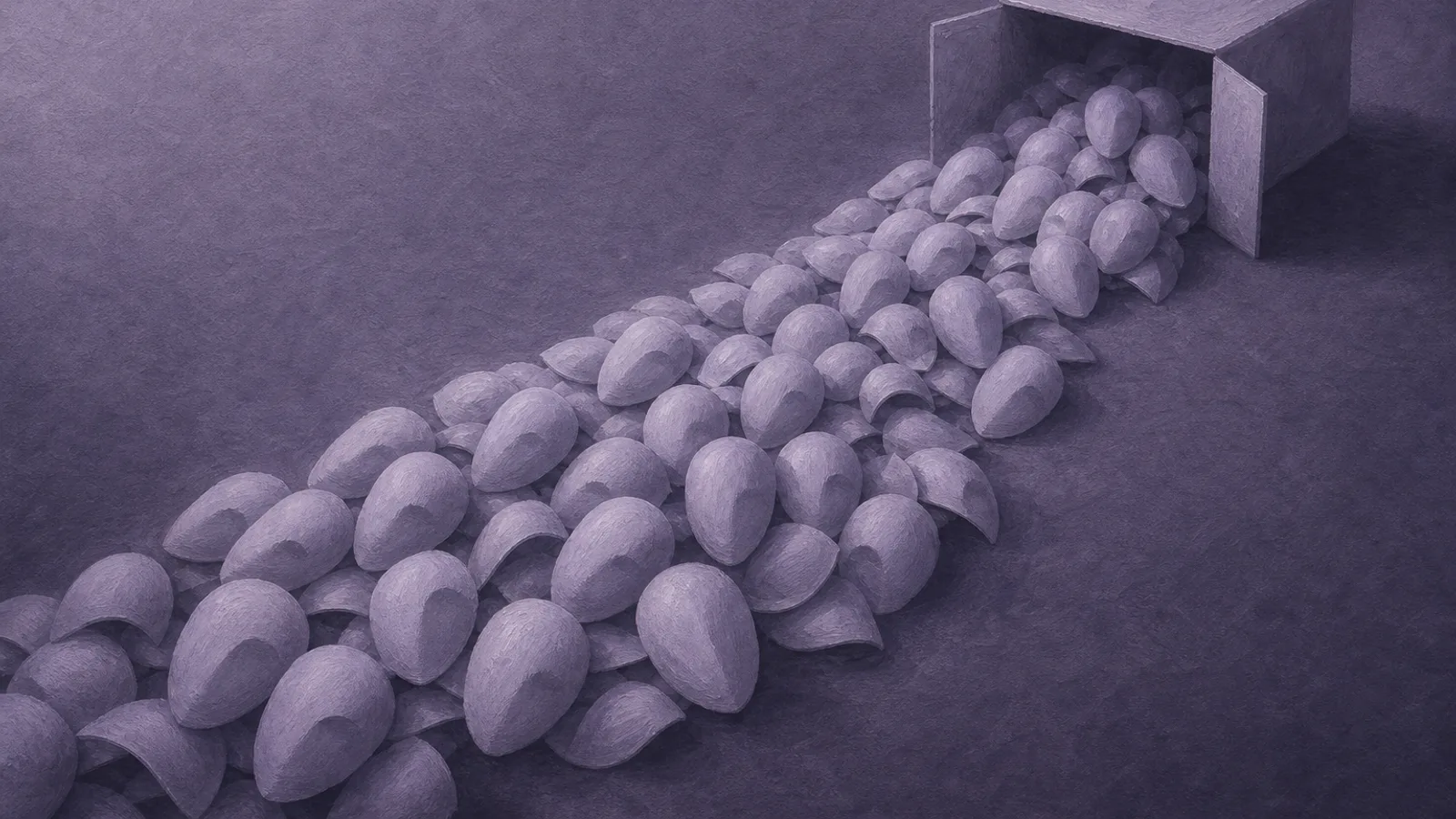A cascade of identical blank paper masks spilling from a small open box on a dusty-violet surface