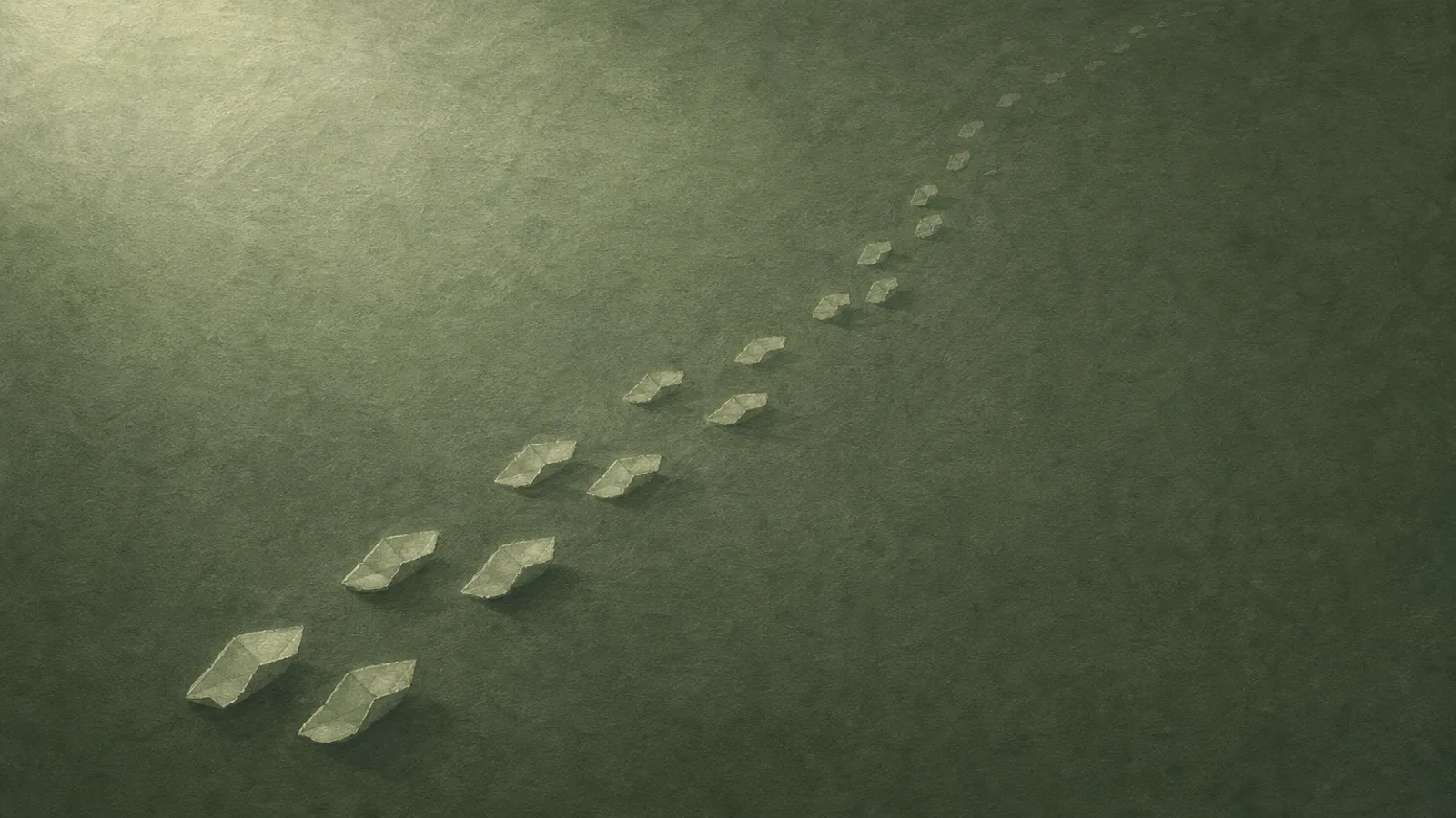 A line of small paper footprints crossing a sage surface, each one fainter than the last