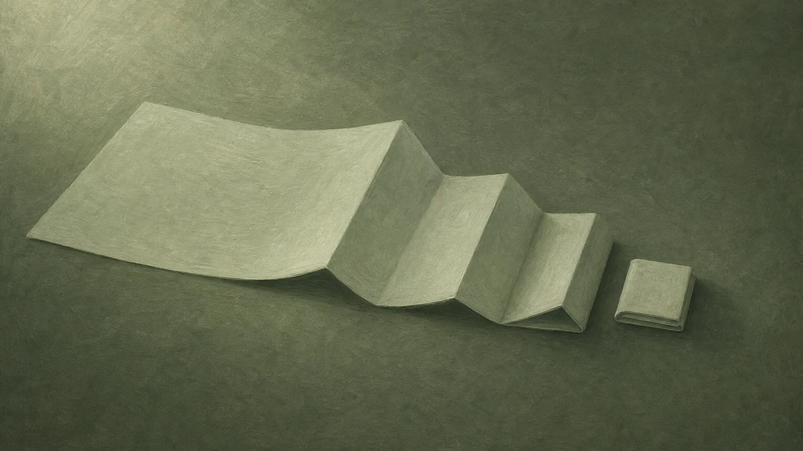 A wide paper sheet folded down into a small neat square on a sage surface