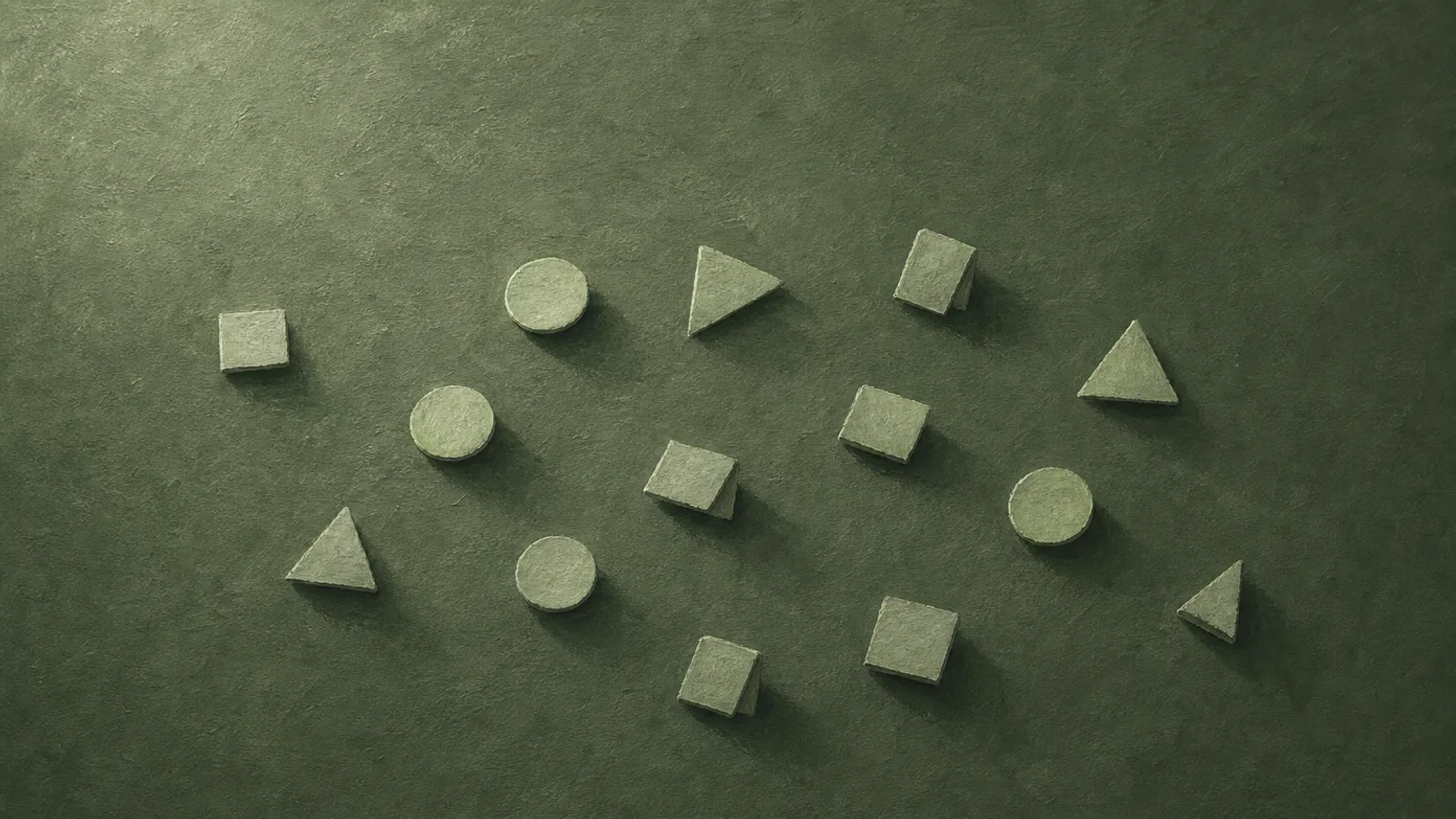 Several small paper tokens of different shapes scattered across a sage surface