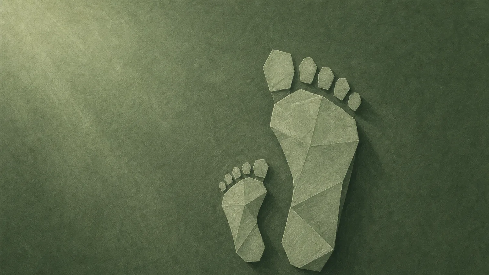 A very small paper footprint beside a larger one on a sage surface