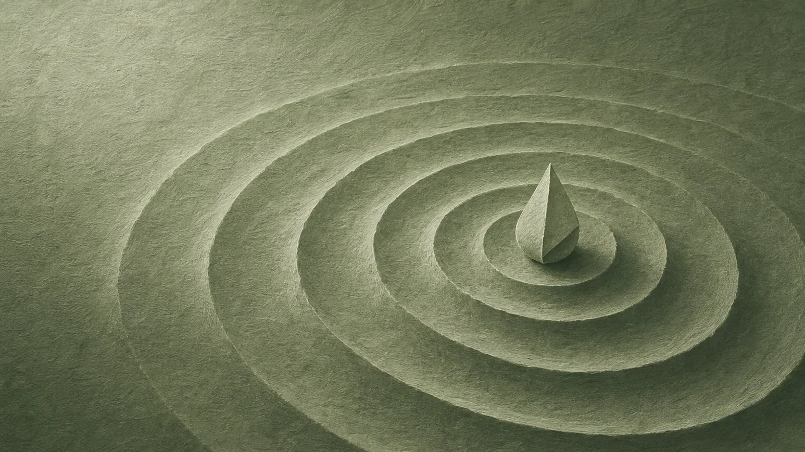 A single drop spreading into widening paper ripples across a sage surface