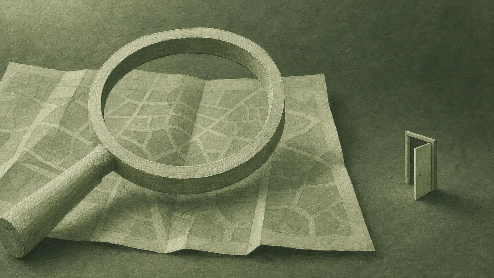 Une loupe en papier suspendue au-dessus d’une carte pliée, avec une petite porte entrouverte