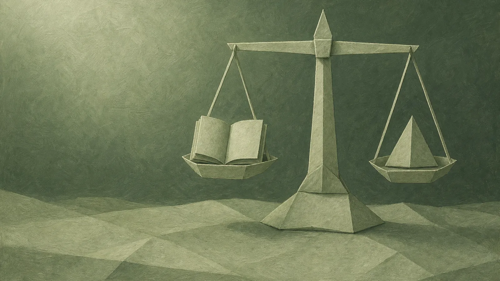 Une balance en papier mettant en équilibre un petit livre ouvert et un triangle d’avertissement