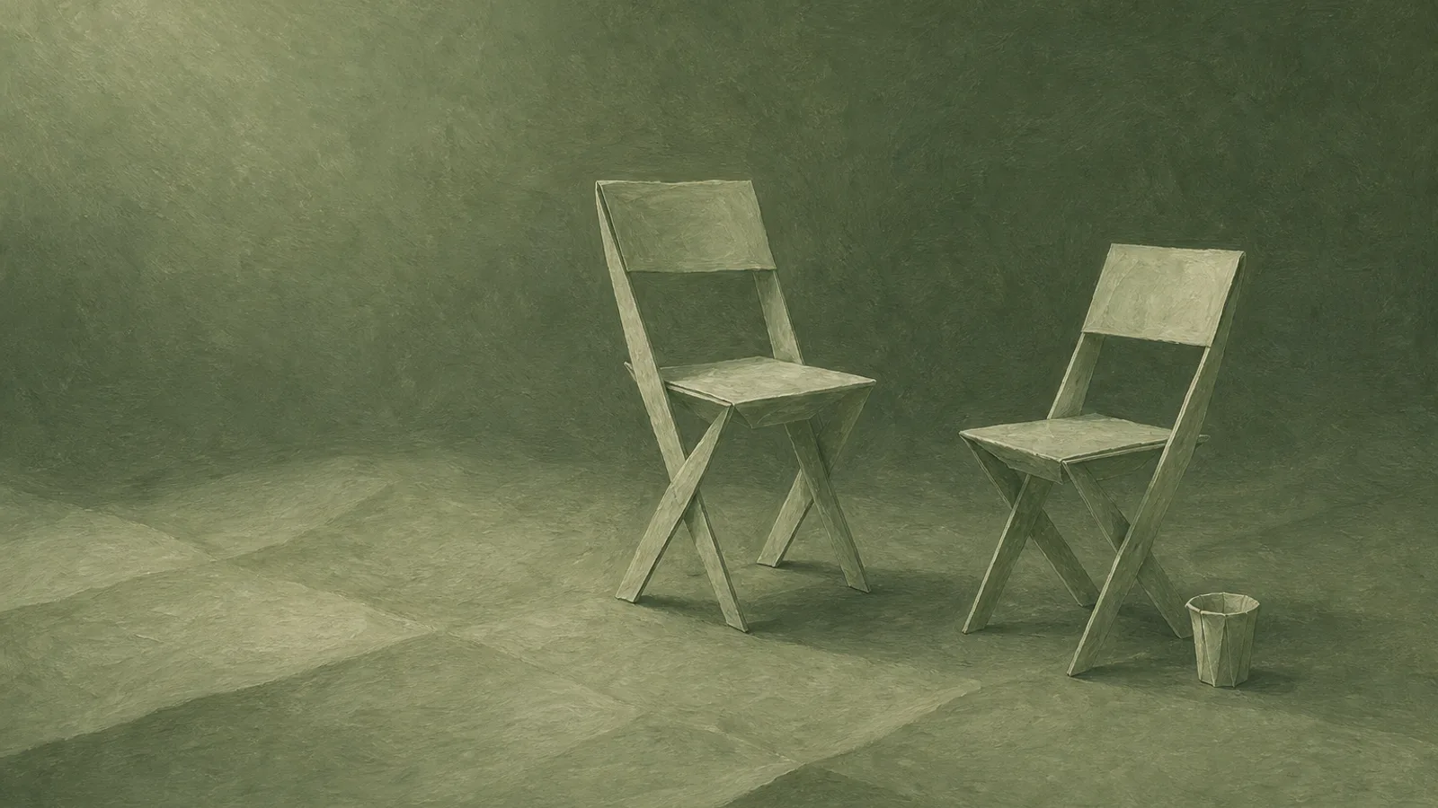 Deux chaises en papier plié orientées l’une vers l’autre à côté d’une petite tasse en papier
