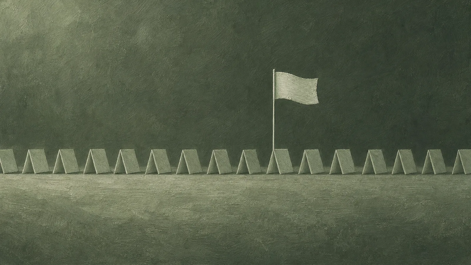 Un unique drapeau d’avertissement en papier levé au-dessus d’une rangée de formes en papier plié paisibles