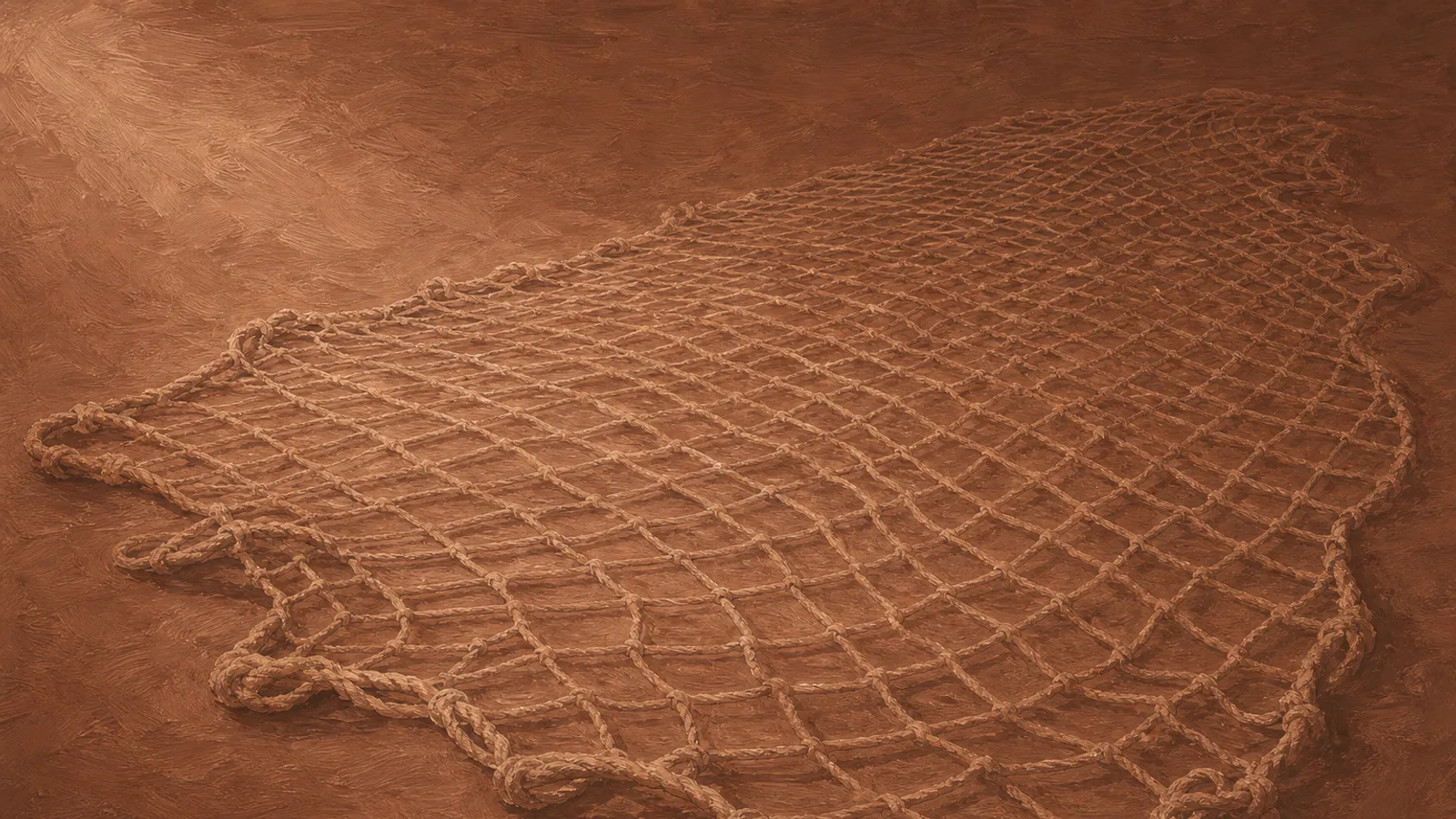 Ein einzelnes Fischernetz, ausgebreitet über cremefarbenem Papier