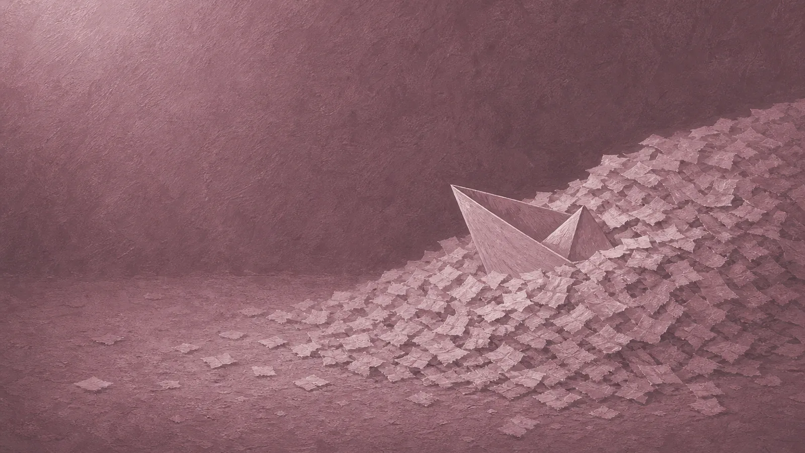 A small paper boat slowly being buried beneath a drift of identical paper scraps