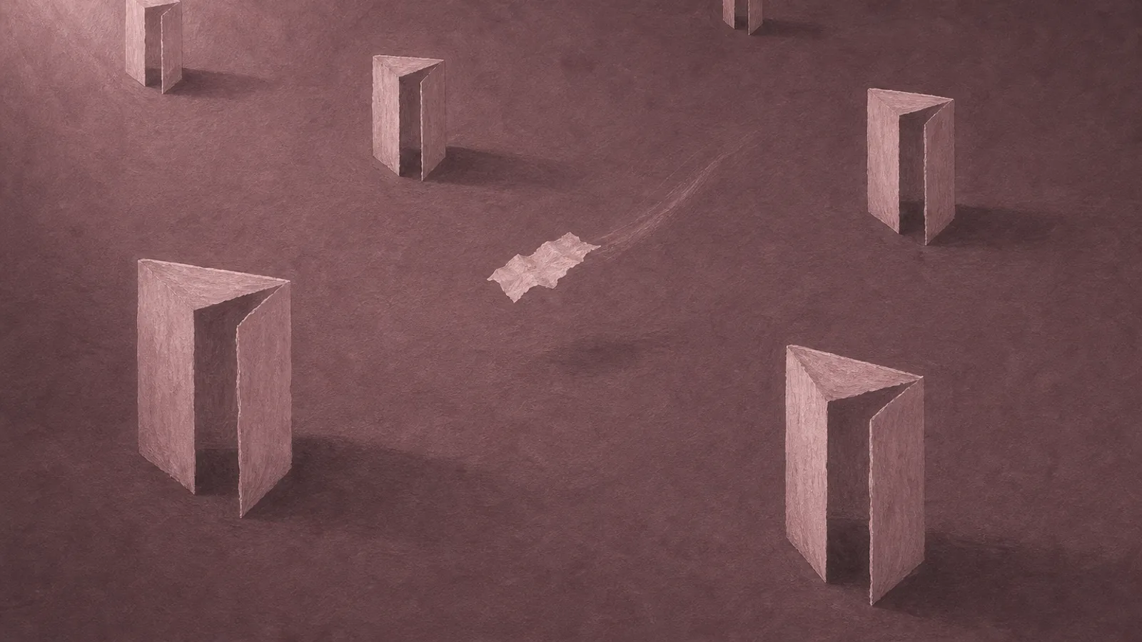 Several small paper doorways scattered across a surface with a single scrap drifting between them