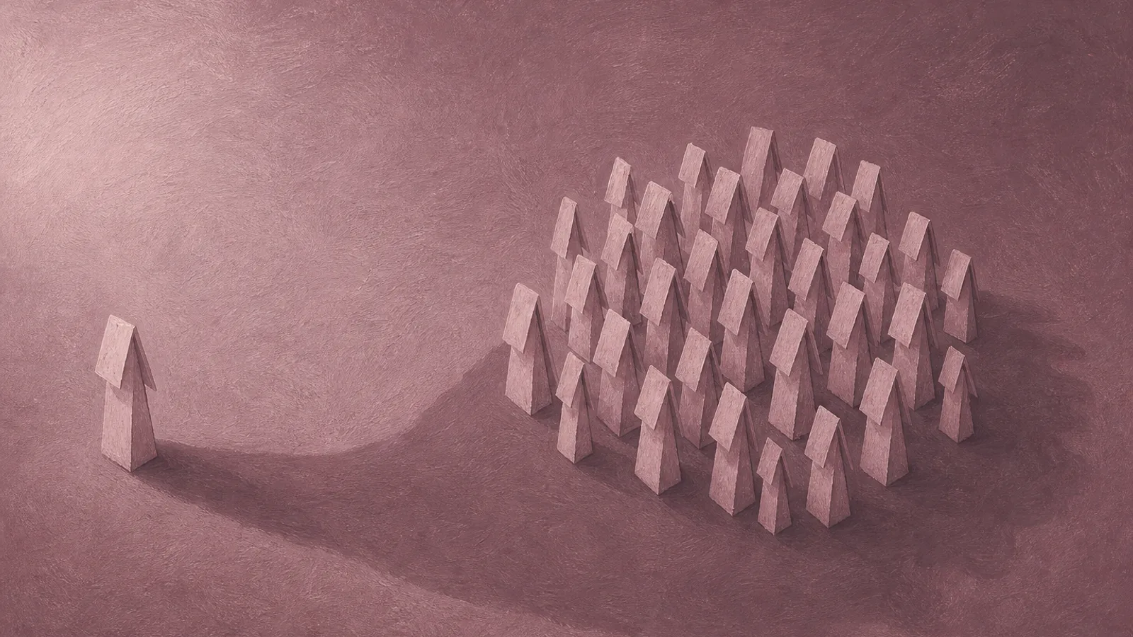 A cluster of small identical paper figures with one slightly apart, all sharing one long shadow