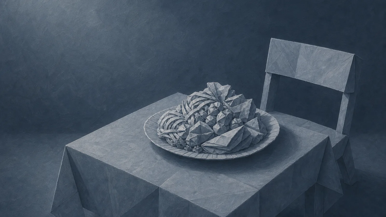 A folded paper plate heaped with paper food set before one empty paper chair