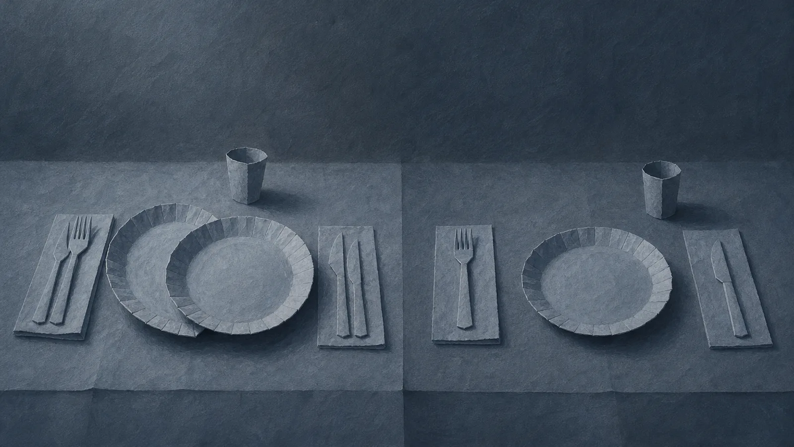 Two folded paper place settings side by side, one laid for company and one laid for one