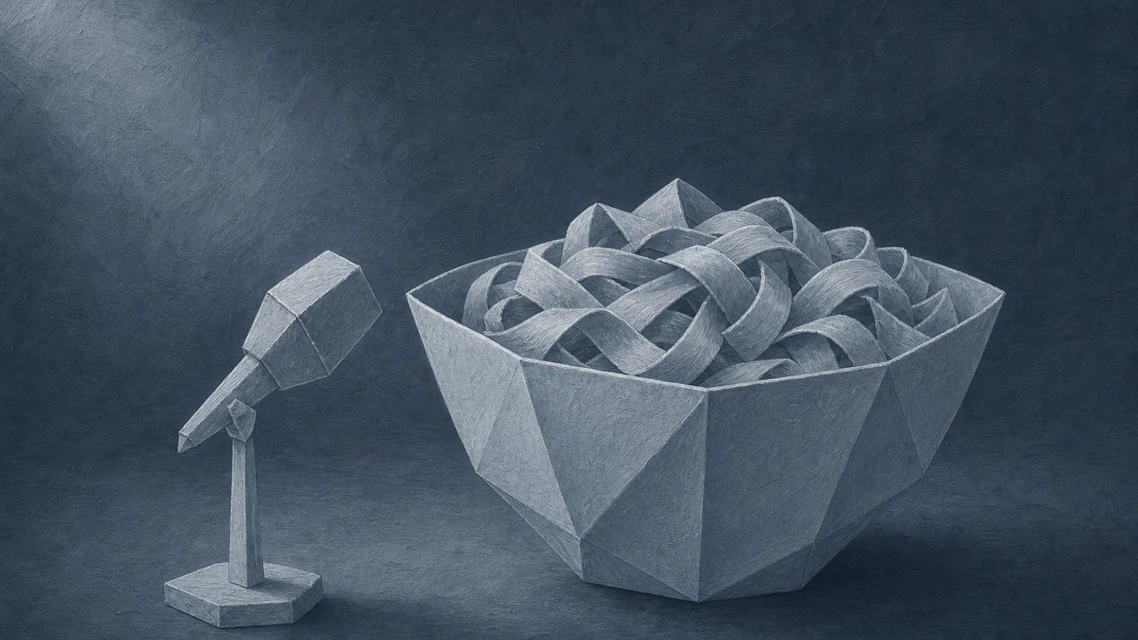 A folded paper bowl brimming with paper noodles beside a tiny paper microphone