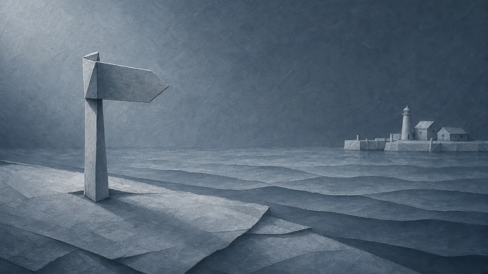 A small paper signpost pointing toward a folded paper harbor across calm paper water