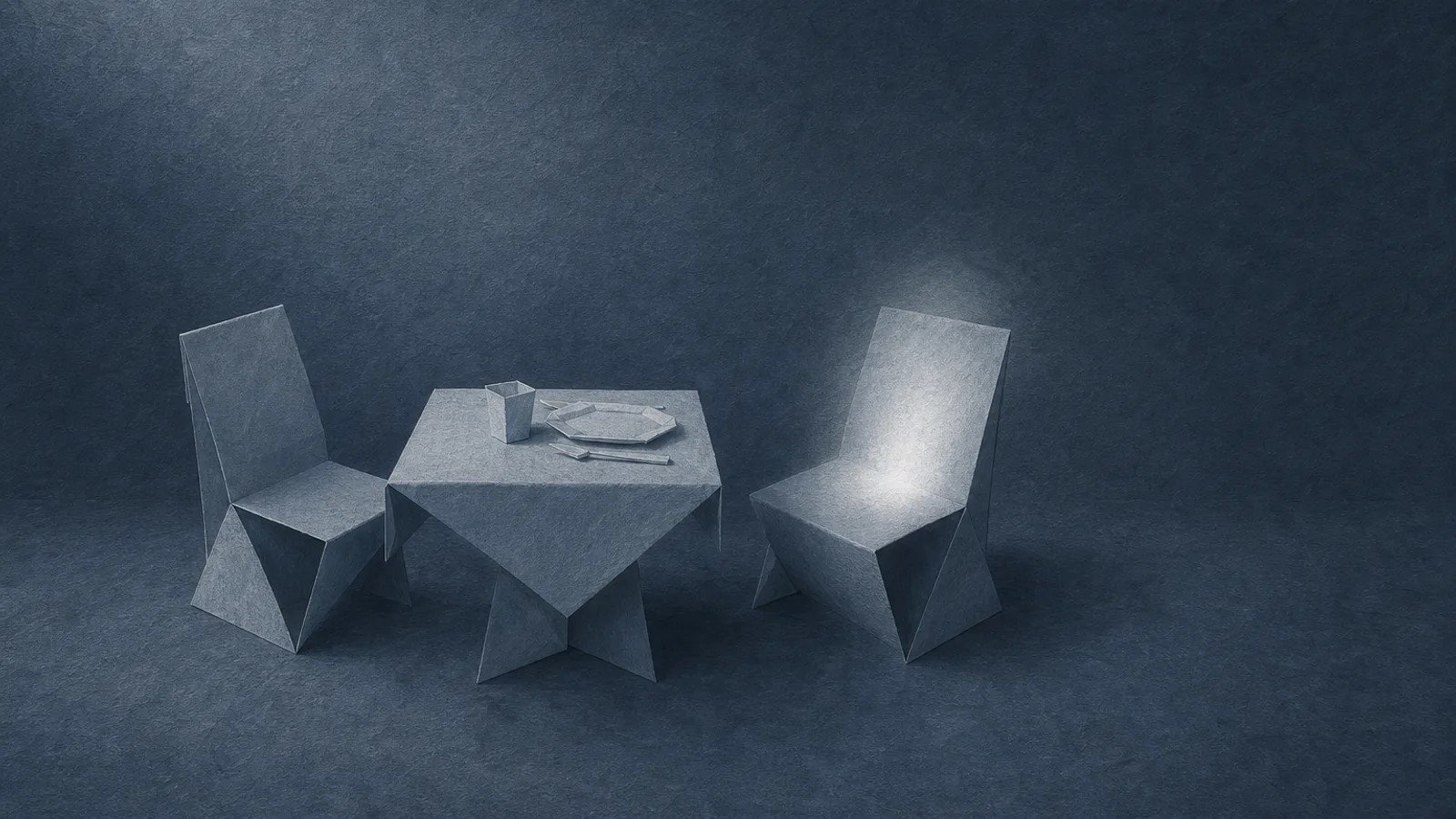Two folded paper chairs at a small paper table, one place set and the other marked by a soft paper glow