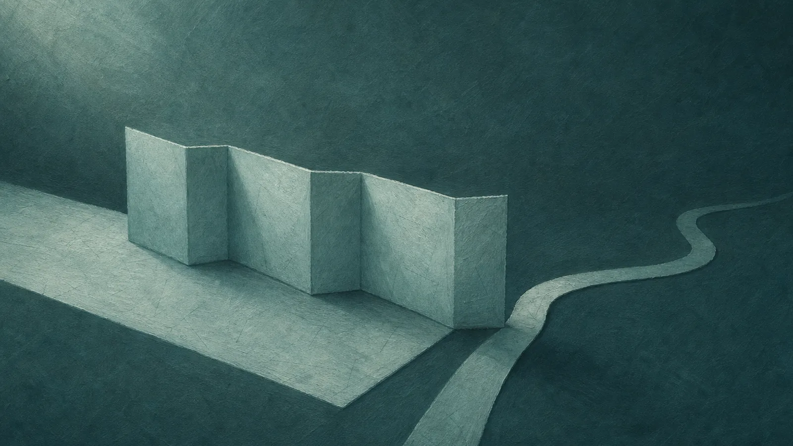 A folded paper barrier lowered across a path with a small gap at one end