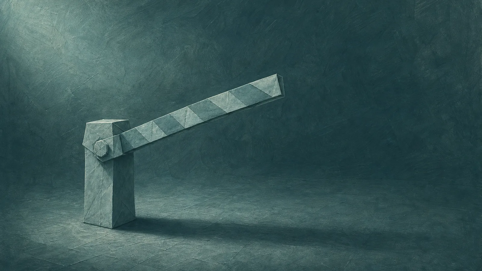 A folded paper gate arm raised halfway over an empty paper floor