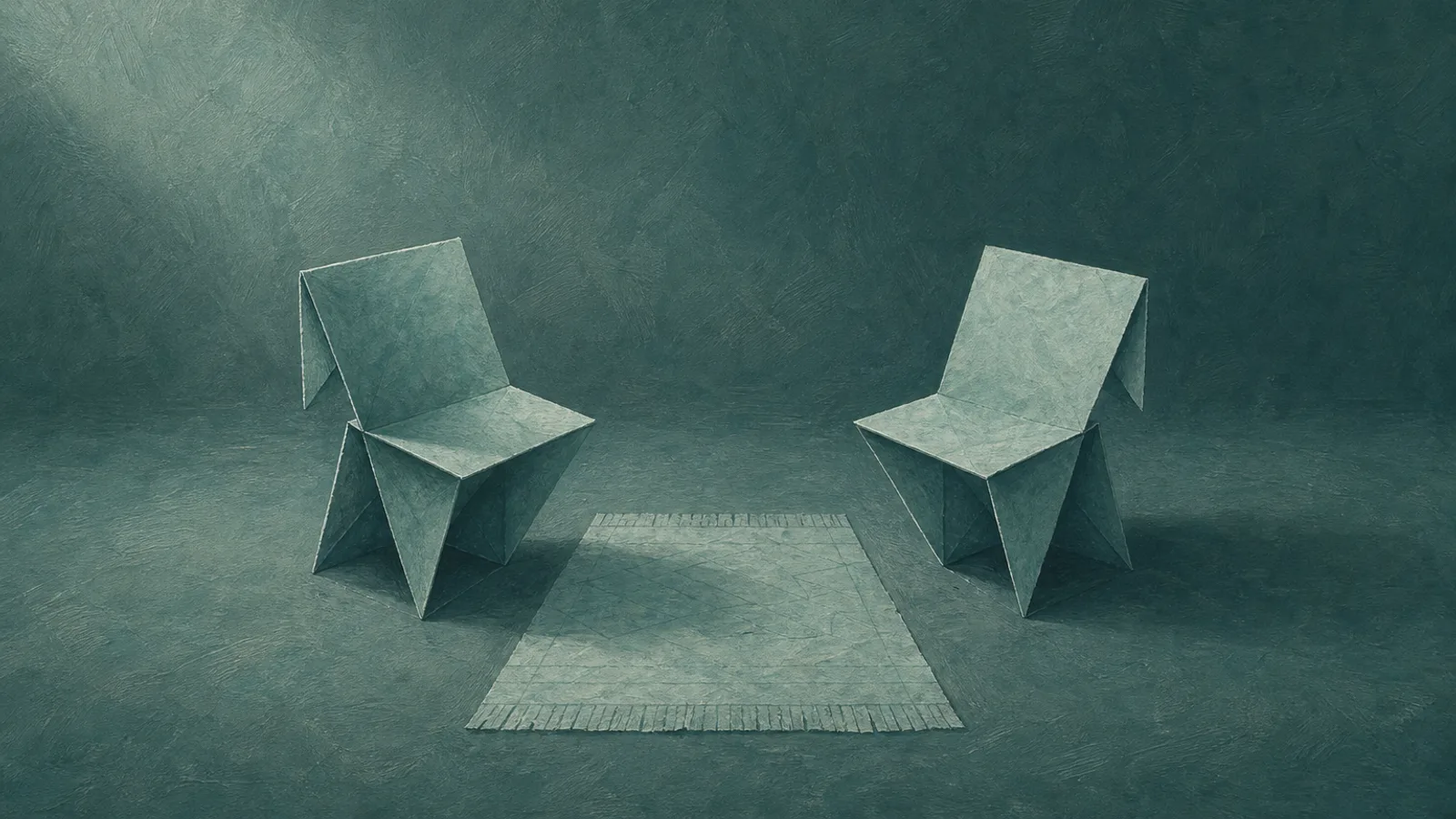 Two folded paper chairs turned toward each other over a small paper rug