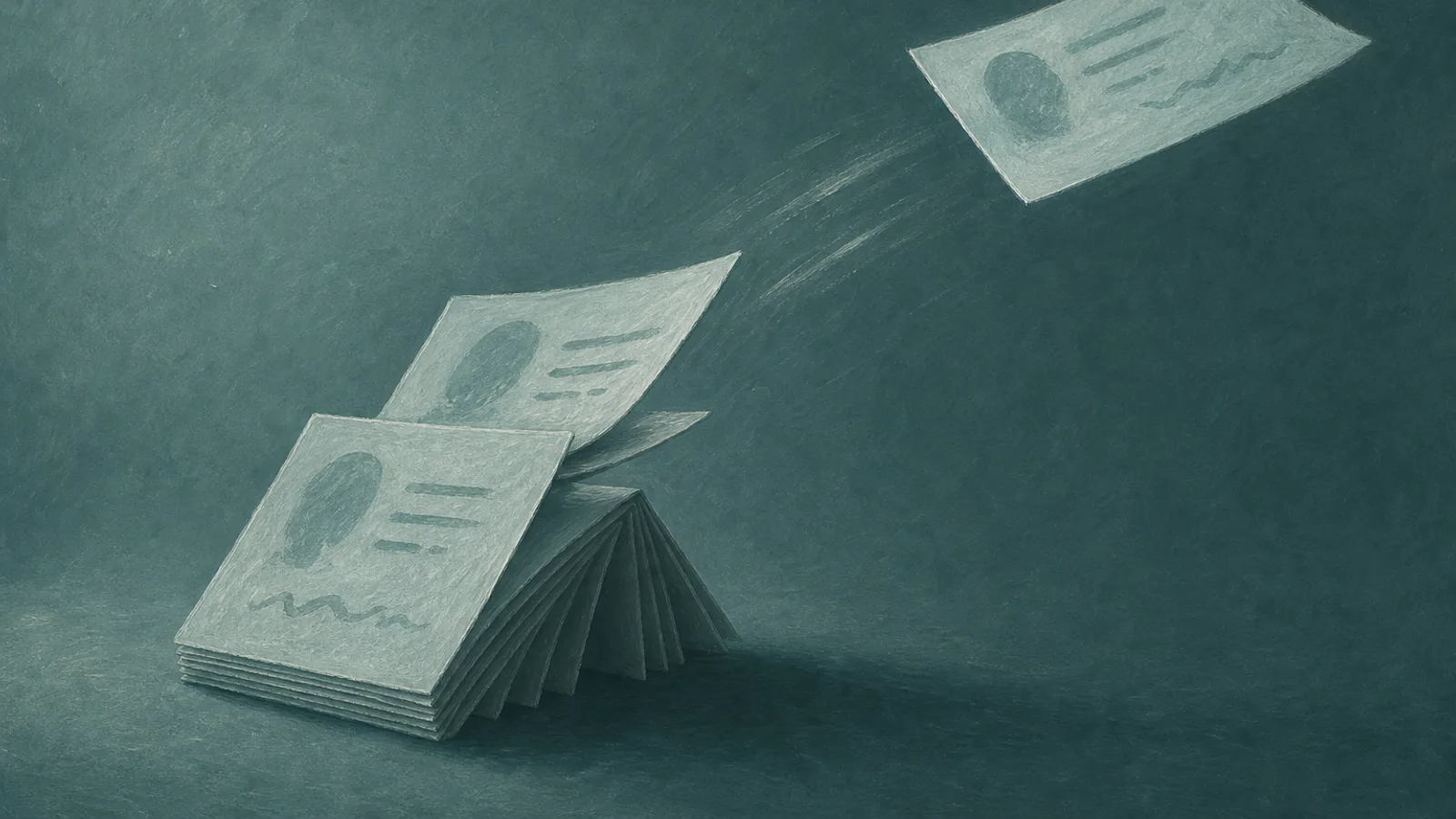 A folded paper card being flicked sideways off a small paper stack
