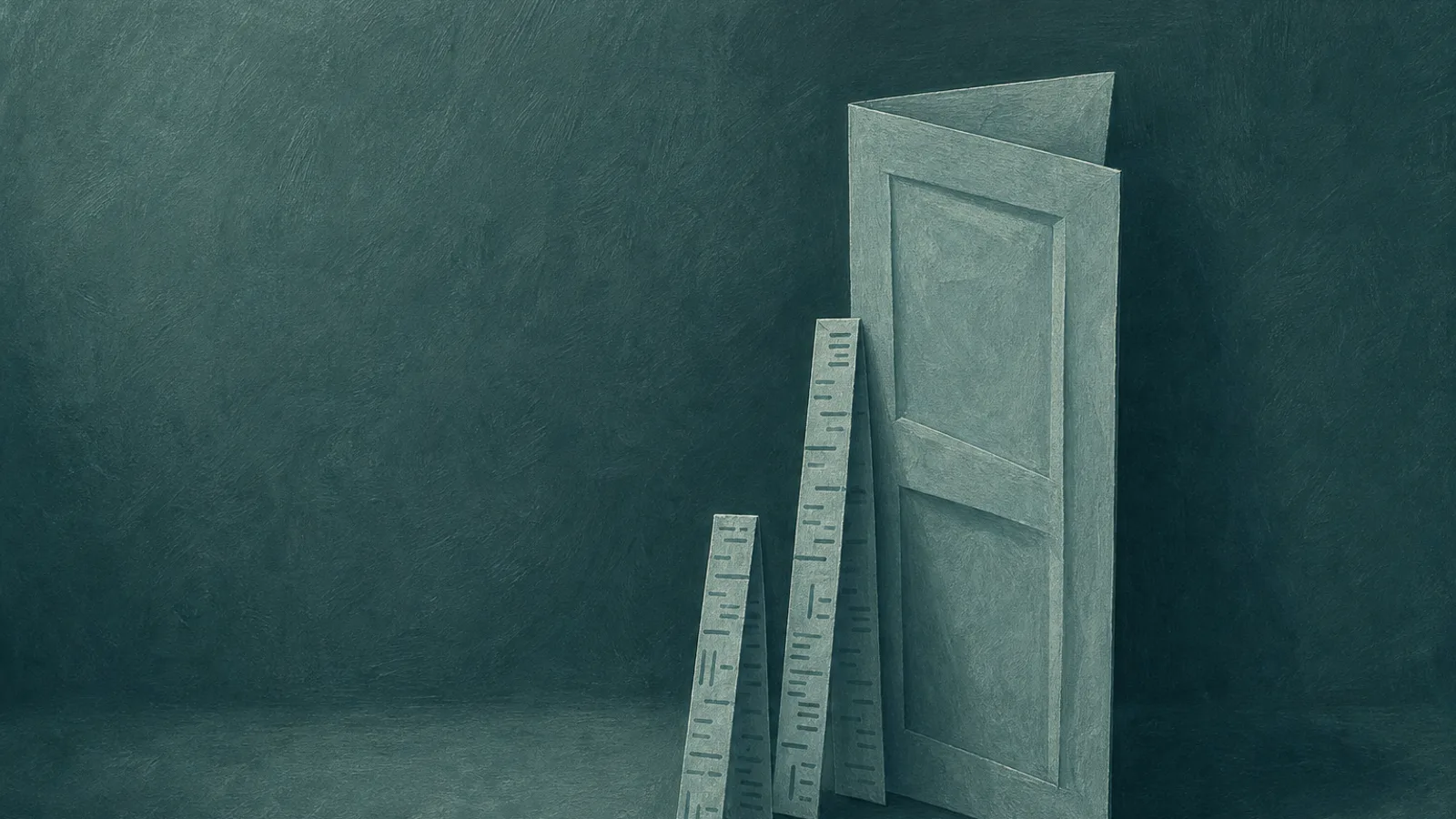 Two folded paper rulers of different lengths propped against one paper door